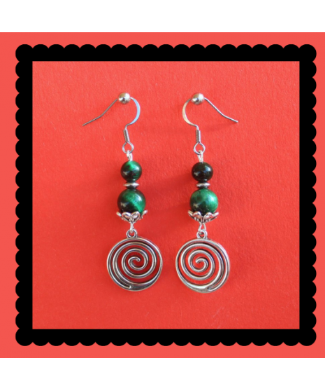 Boucles d'oreilles Spirales en Œil de tigre Vert