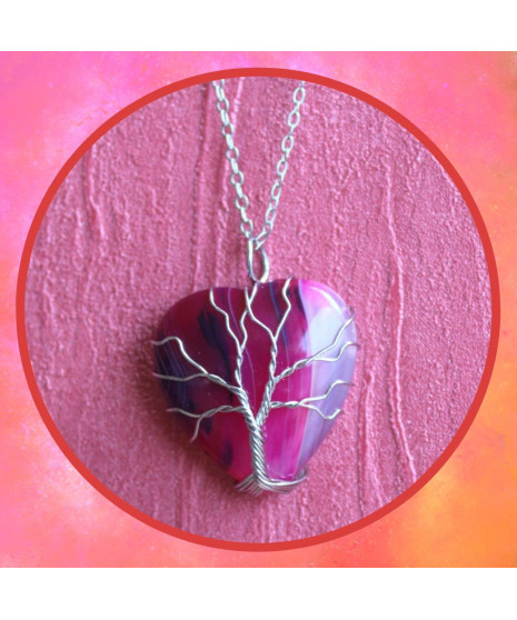 Pendentif  Cœur Arbre de vie en Agate rose