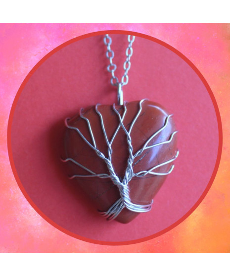 Pendentif  Cœur Arbre de vie en Jaspe rouge