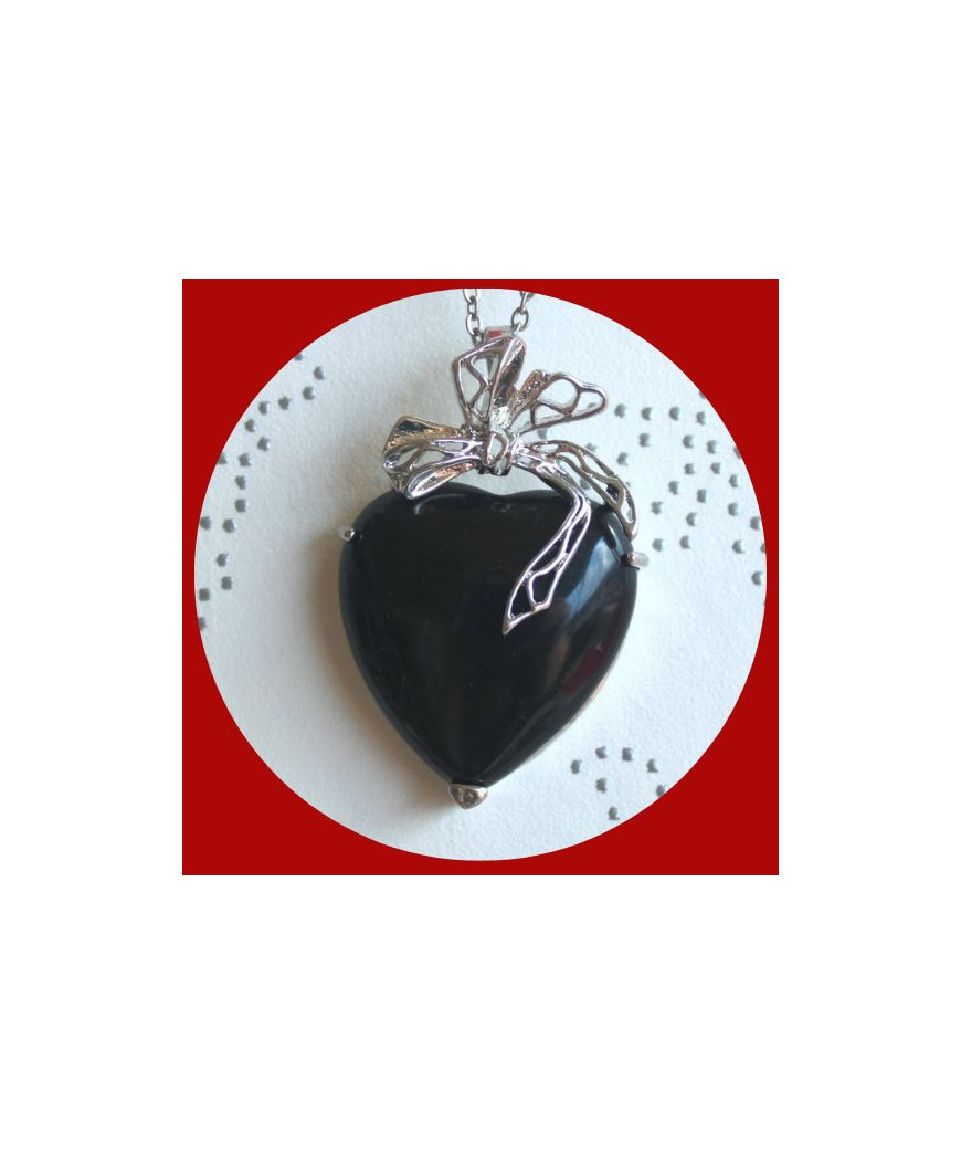 Pendentif Cœur enrubanné en Agate noire