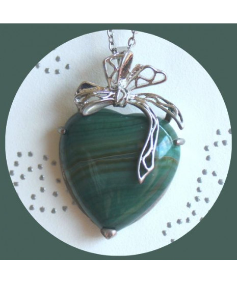 Pendentif Cœur enrubanné en Agate verte