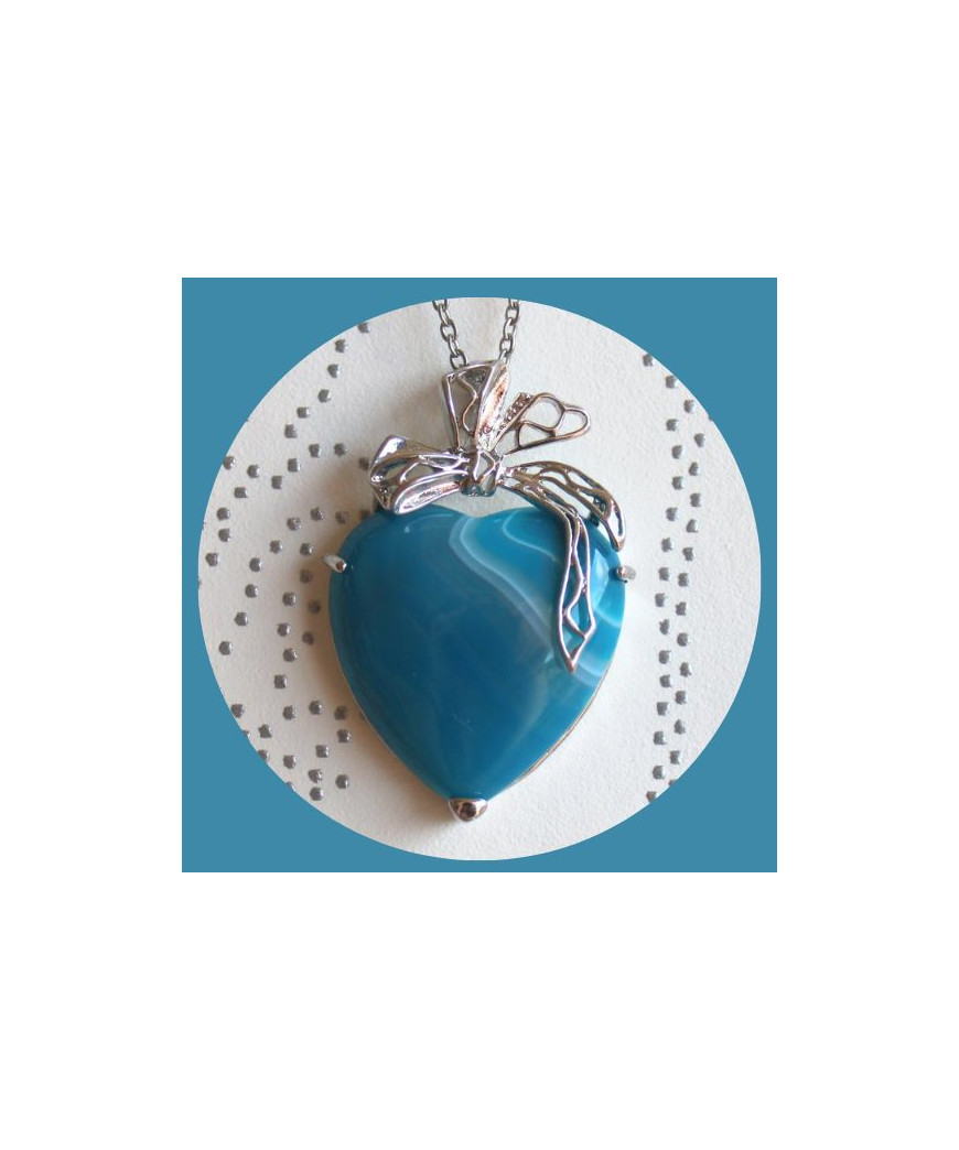 Pendentif Cœur enrubanné en Agate bleue