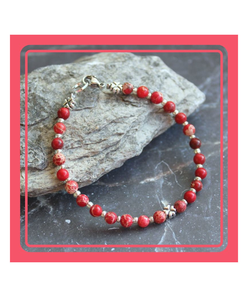 Bracelet Trèfles en Jaspe Sédiments d'Océan rouge