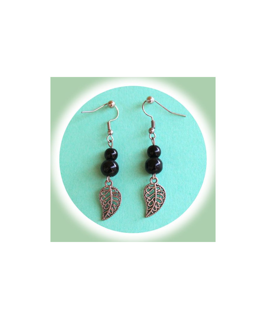 Boucles d'oreilles Feuilles en Agate noire