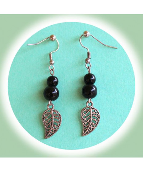 Boucles d'oreilles Feuilles en Agate noire