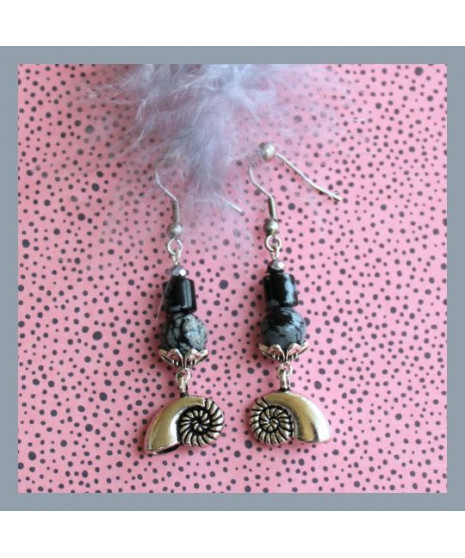Boucles d'oreilles Ammonite en Obsidienne flocons de neige