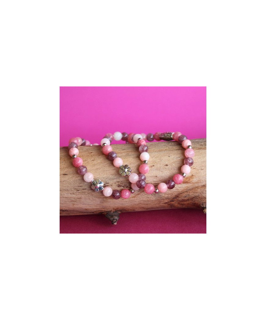 Bracelets Duo Fleur en Lépidolite, Rhodochrosite et Jade