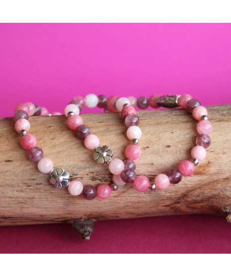 Bracelets Duo Fleur en Lépidolite, Rhodochrosite et Jade