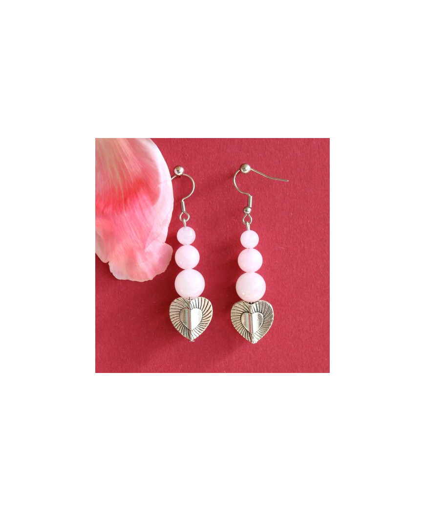 Belles Boucles d'Oreilles Cœurs en Quartz rose