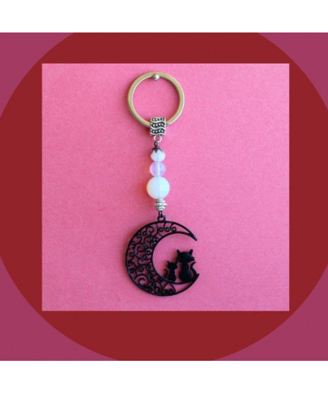 Porte-clefs Chats sur la lune en Pierre de Lune