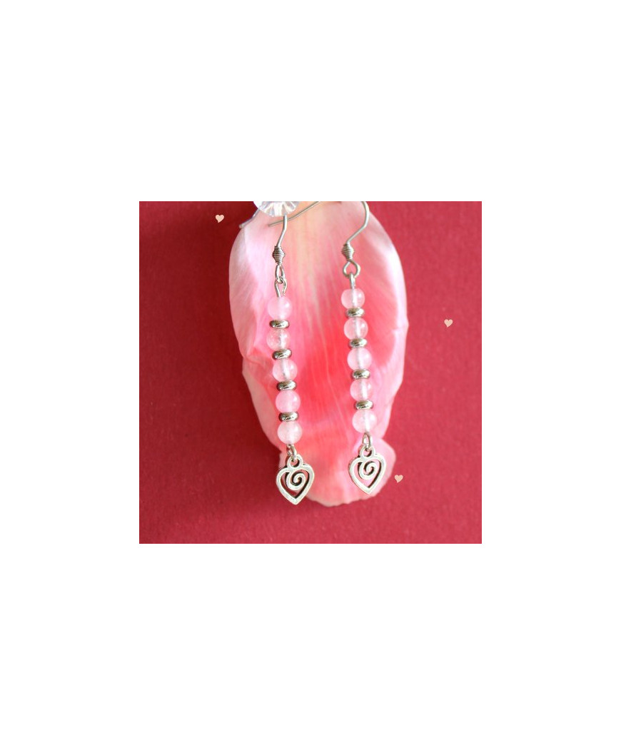 Belles Boucles d'Oreilles Cœurs en Quartz rose