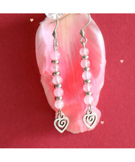 Belles Boucles d'Oreilles Cœurs en Quartz rose