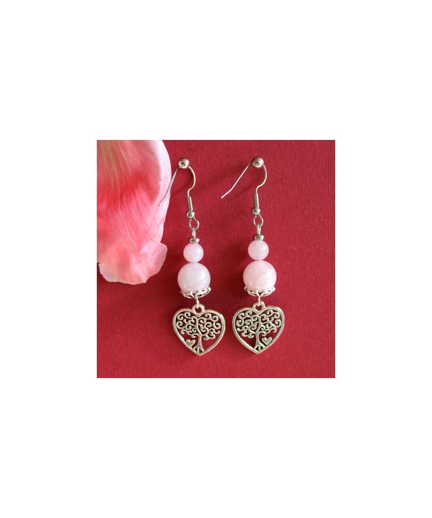 Belles Boucles d'Oreilles Cœurs en Quartz rose