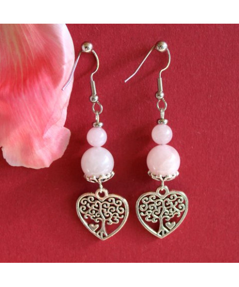 Belles Boucles d'Oreilles Cœurs en Quartz rose
