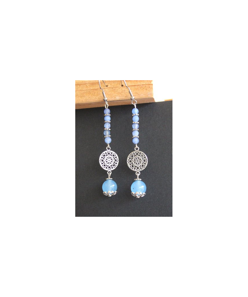 Boucles d'oreilles Mandala en Agate bleue
