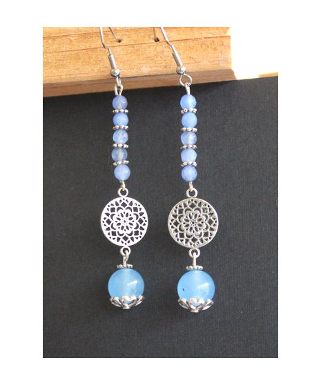 Boucles d'oreilles Mandala en Agate bleue