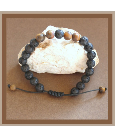 Bracelet coulissant en  Pierre de lave et Œil de tigre mat