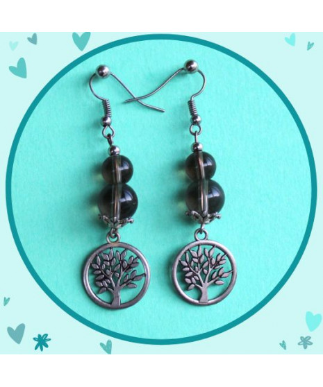 Boucles d'oreilles Arbre de vie en Quartz fumé