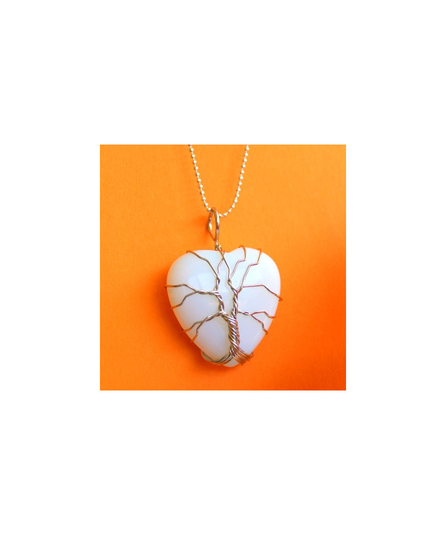 Pendentif Cœur Arbre de Vie blanc en Opale