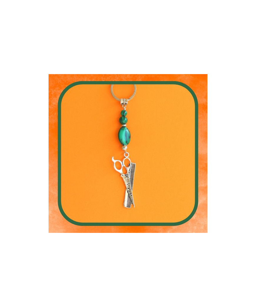 Porte-clefs Peigne et ciseaux en Malachite