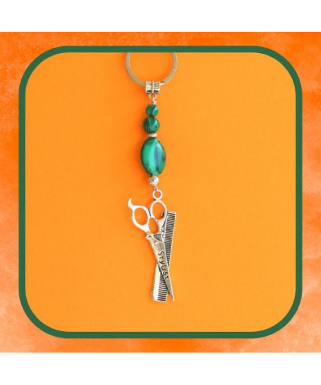Porte-clefs Peigne et ciseaux en Malachite