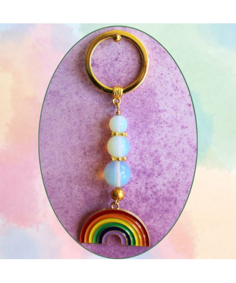 Porte-clefs Arc en ciel doré en Pierre de lune