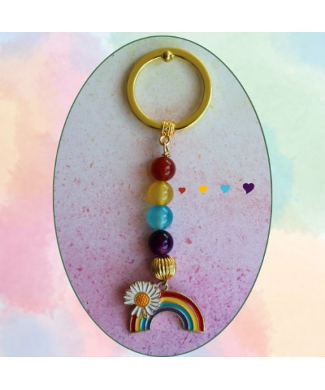 Porte-clefs Arc en ciel doré en Agate