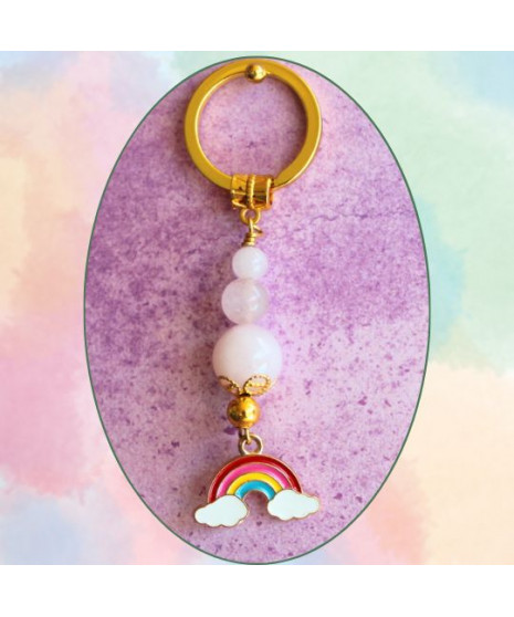Porte-clefs Arc en ciel doré en Quartz rose
