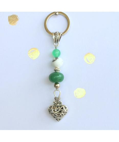 Porte-clefs Cœur en Aventurine et Howlite