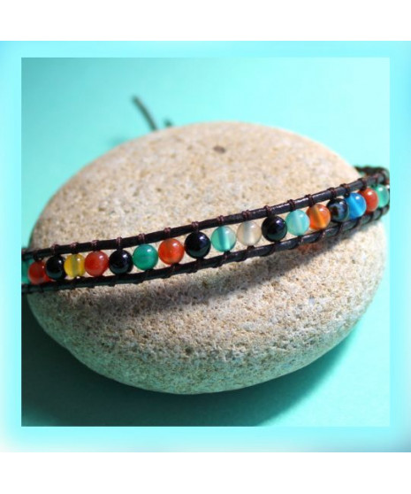 Bracelet Wrap en Cuir et en Agate