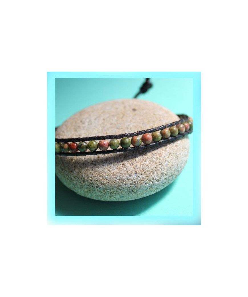 Bracelet Wrap en Cuir et en Unakite