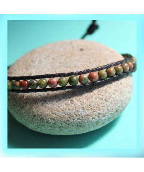 Bracelet Wrap en Cuir et en Unakite