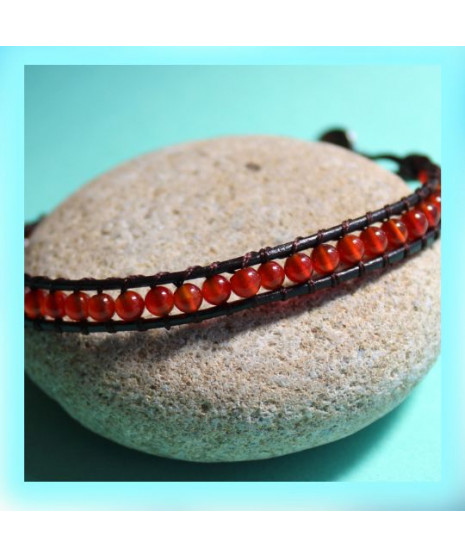 Bracelet Wrap en Cuir et en Agate rouge