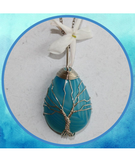 Pendentif Arbre de vie en  Agate bleue