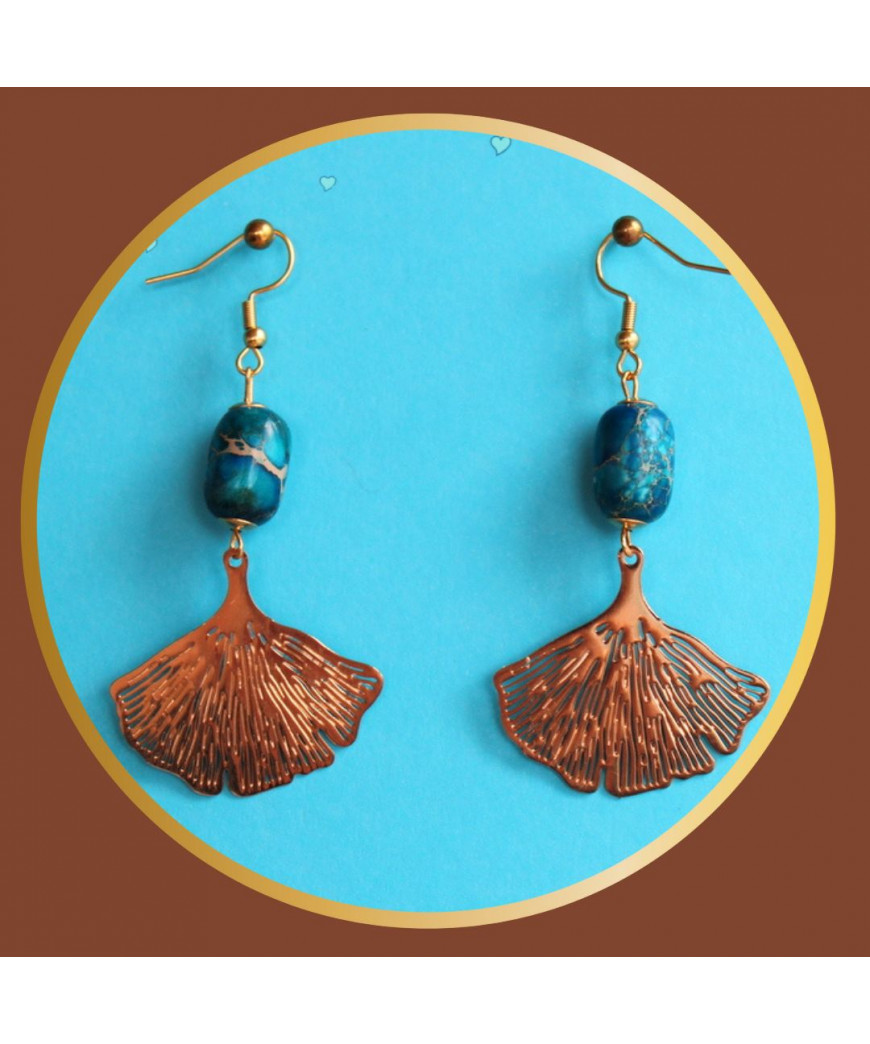 Boucles d'oreilles Gingko en Jaspe sédiments d'océan bleu