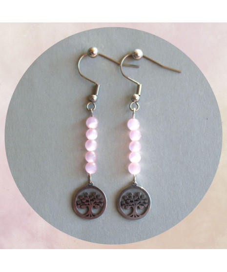 Boucles d'oreilles Arbre de vie en Agate Œil de chat rose