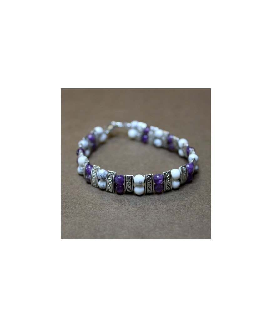 Bracelet Ethnique en Howlite et en Améthyste