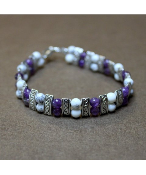 Bracelet Ethnique en Howlite et en Améthyste