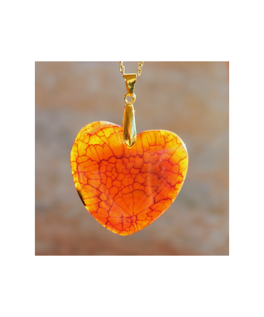 Pendentif Coeur en Agate orange veines de dragon