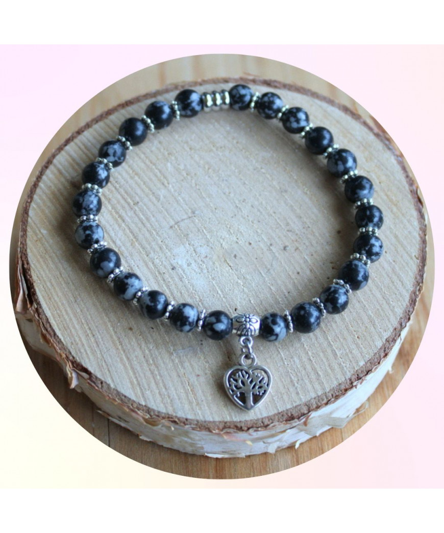Bracelet Coeur Arbre de vie en Obsidienne Flocons de neige