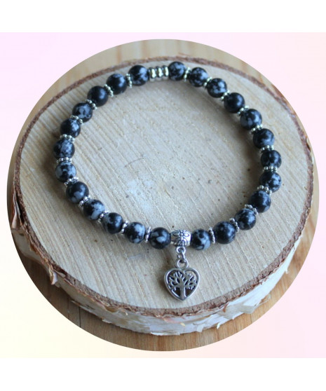 Bracelet Coeur Arbre de vie en Obsidienne Flocons de neige