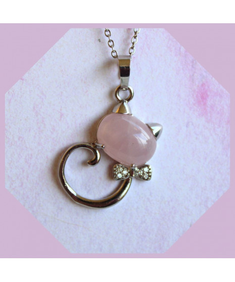 Pendentif Chat en Quartz rose