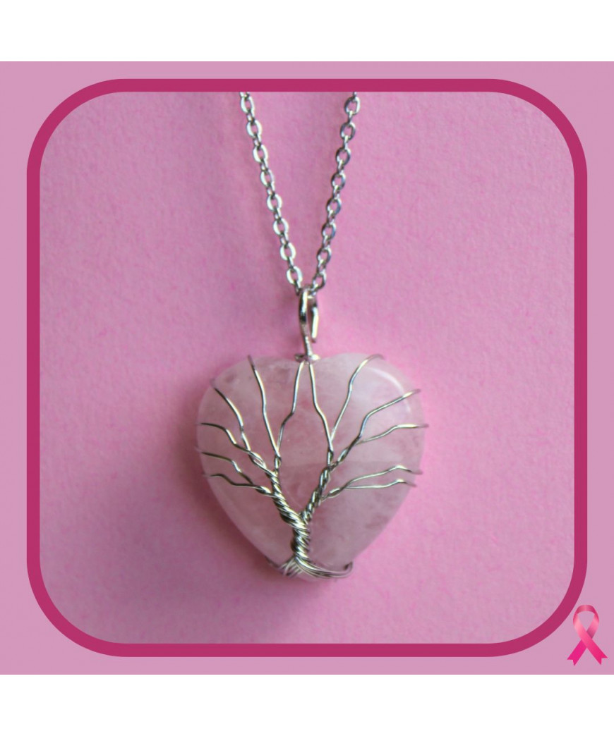 Pendentif Cœur Arbre de vie en Quartz rose
