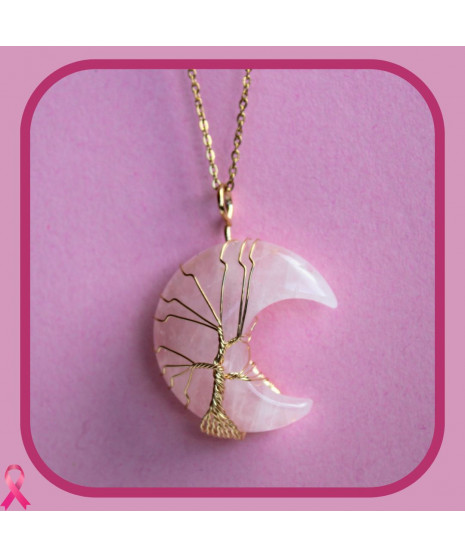 Pendentif Lune Arbre de vie en Quartz rose
