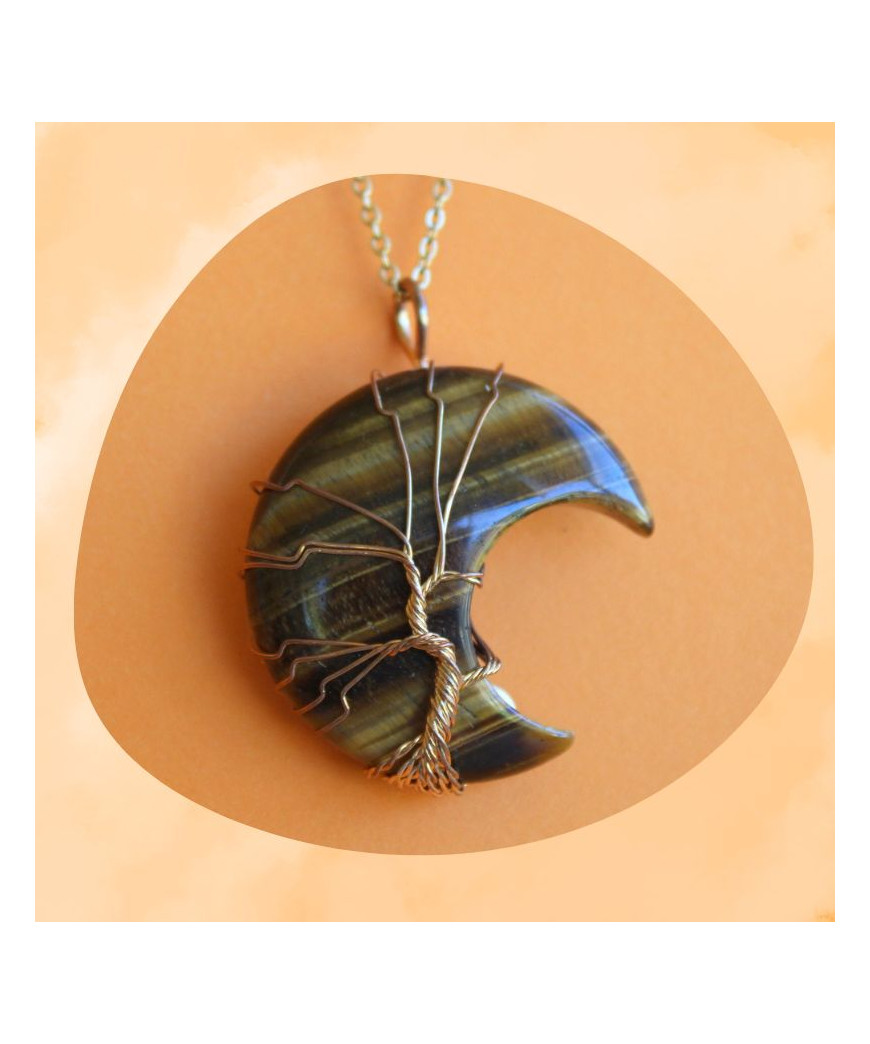 Pendentif Lune - Arbre de vie en Œil de tigre