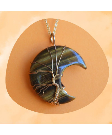 Pendentif Lune - Arbre de vie en Œil de tigre