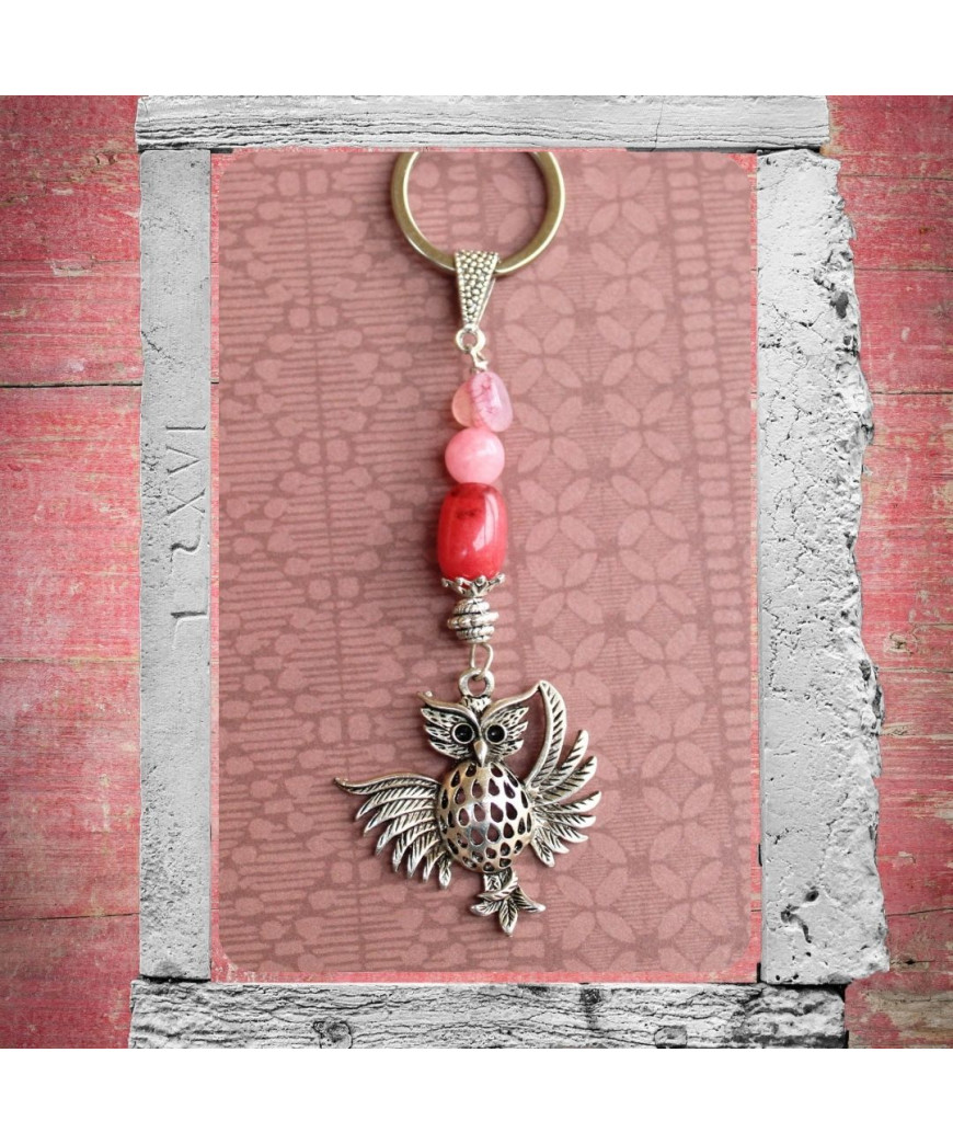 Porte-clefs Chouette en Agate rose