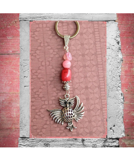 Porte-clefs Chouette en Agate rose