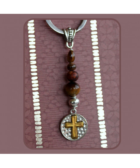 Porte-clefs Croix en Œil de tigre