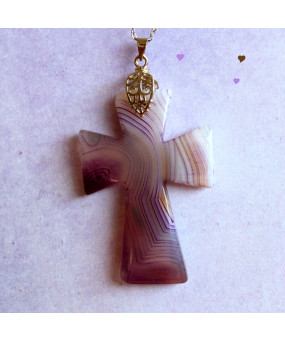 Pendentif Croix en Agate violette et blanche